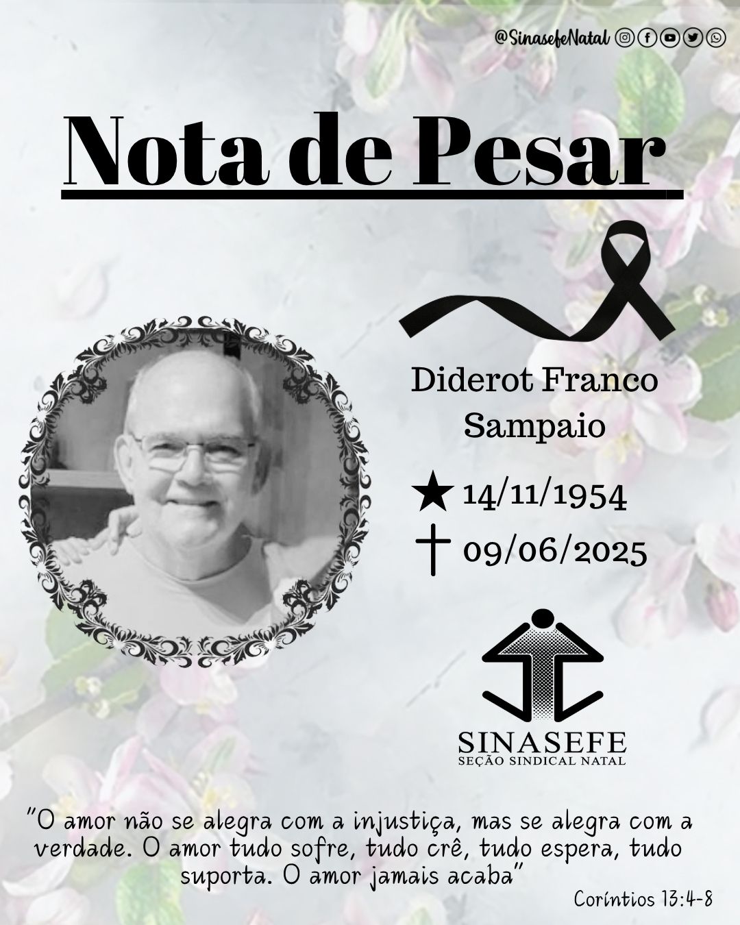 Nota de pesar pelo falecimento do pai do servidor Diderot Franco Sampaio Júnior